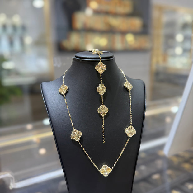 14KT SET GOLD SOLID CLOVER NECKLACE AND BRACELET - YELLOW GOLD