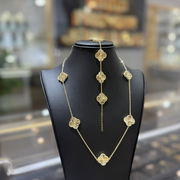 14KT SET GOLD SOLID CLOVER NECKLACE AND BRACELET - YELLOW GOLD