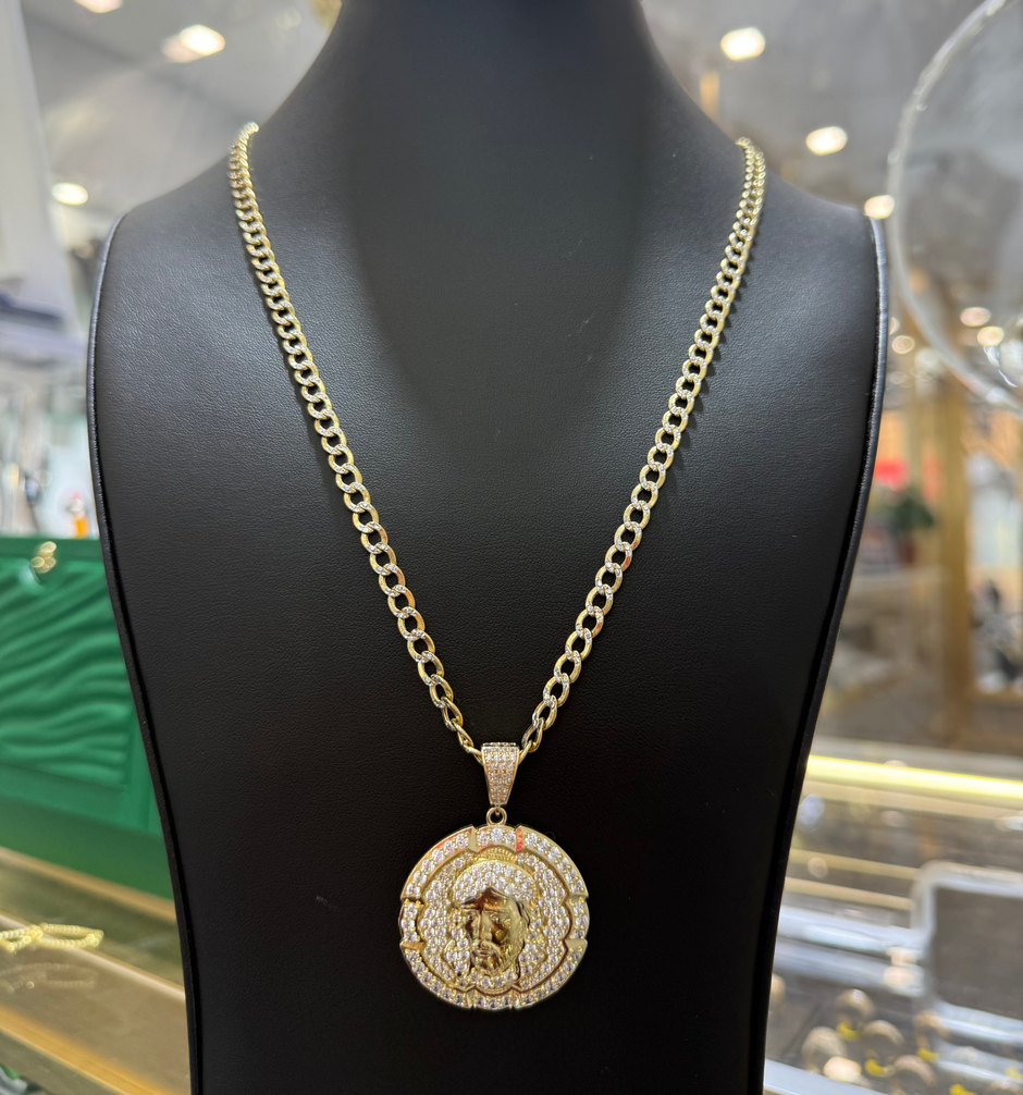 Yellow Gold Jesus Face Pendant with Chain